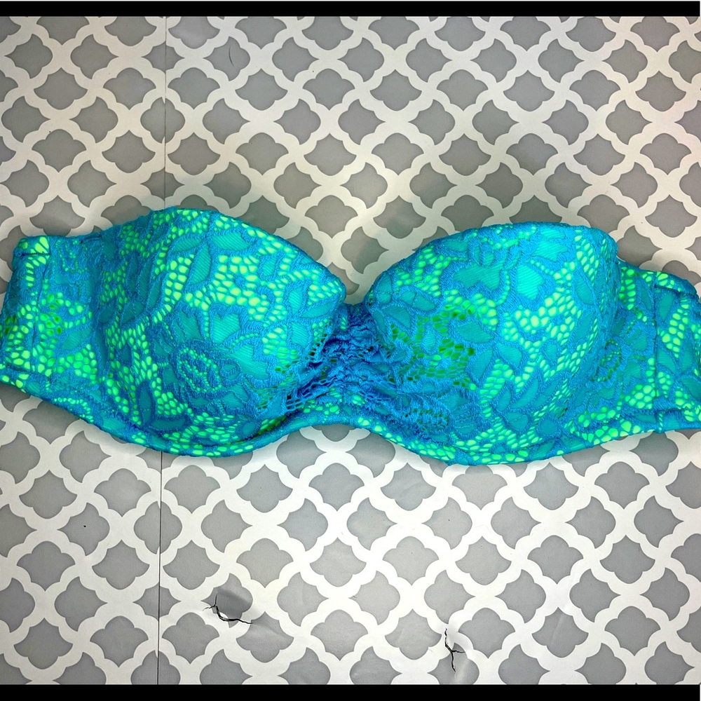 Victoria's Secret strapless bikini top lace swim teal lime EUC